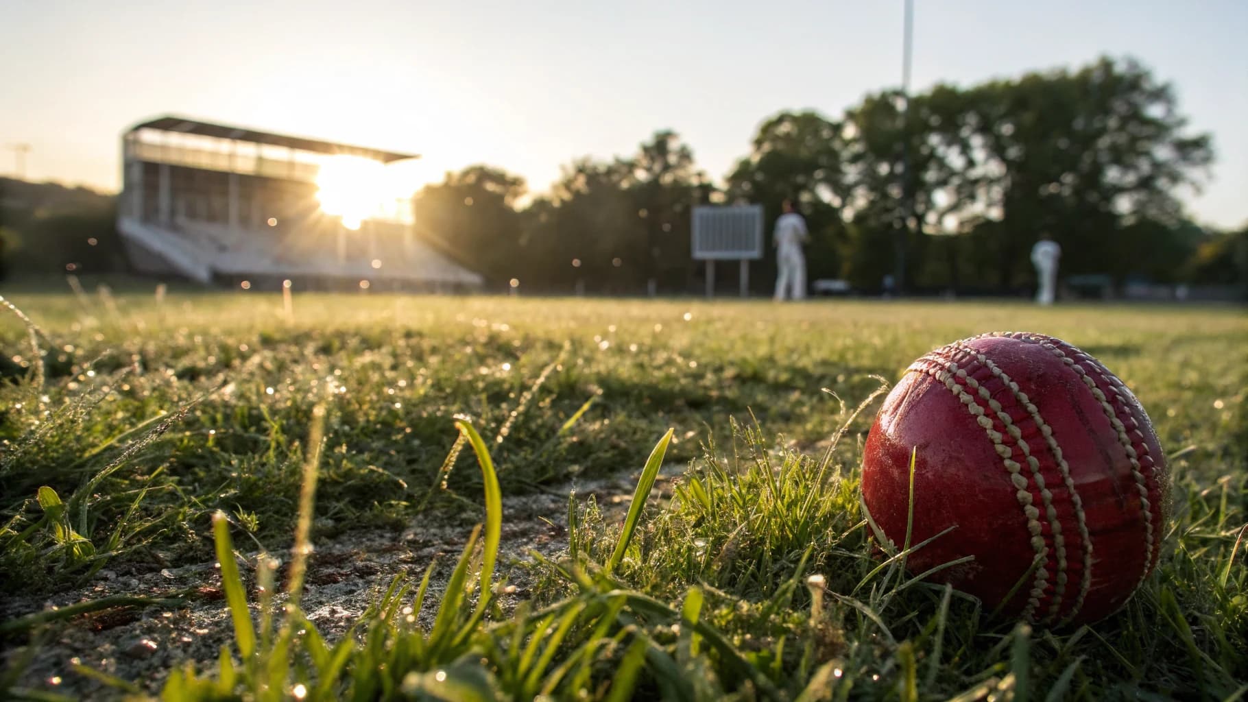 A cricket ball resting in dew-covered outfield grass at dawn, a pavilion and players beyond.