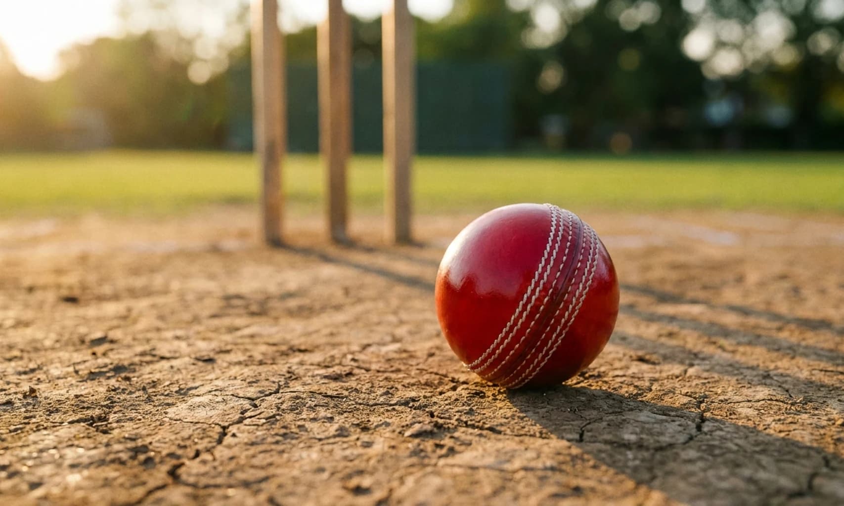 A cricket ball at rest on a sunlit, well-worn pitch, stumps standing beyond it.