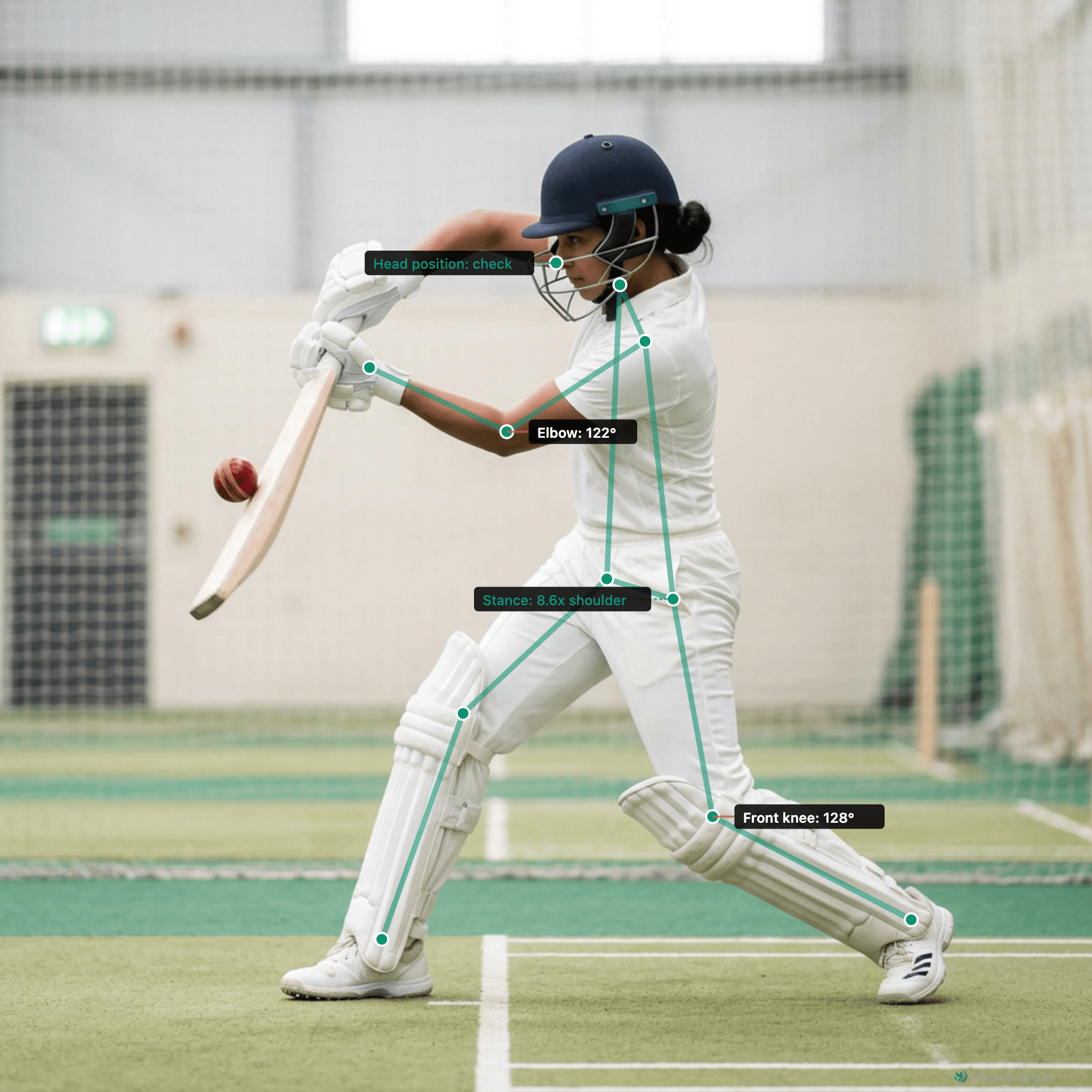 Yorker pose analysis overlaid on a batting clip