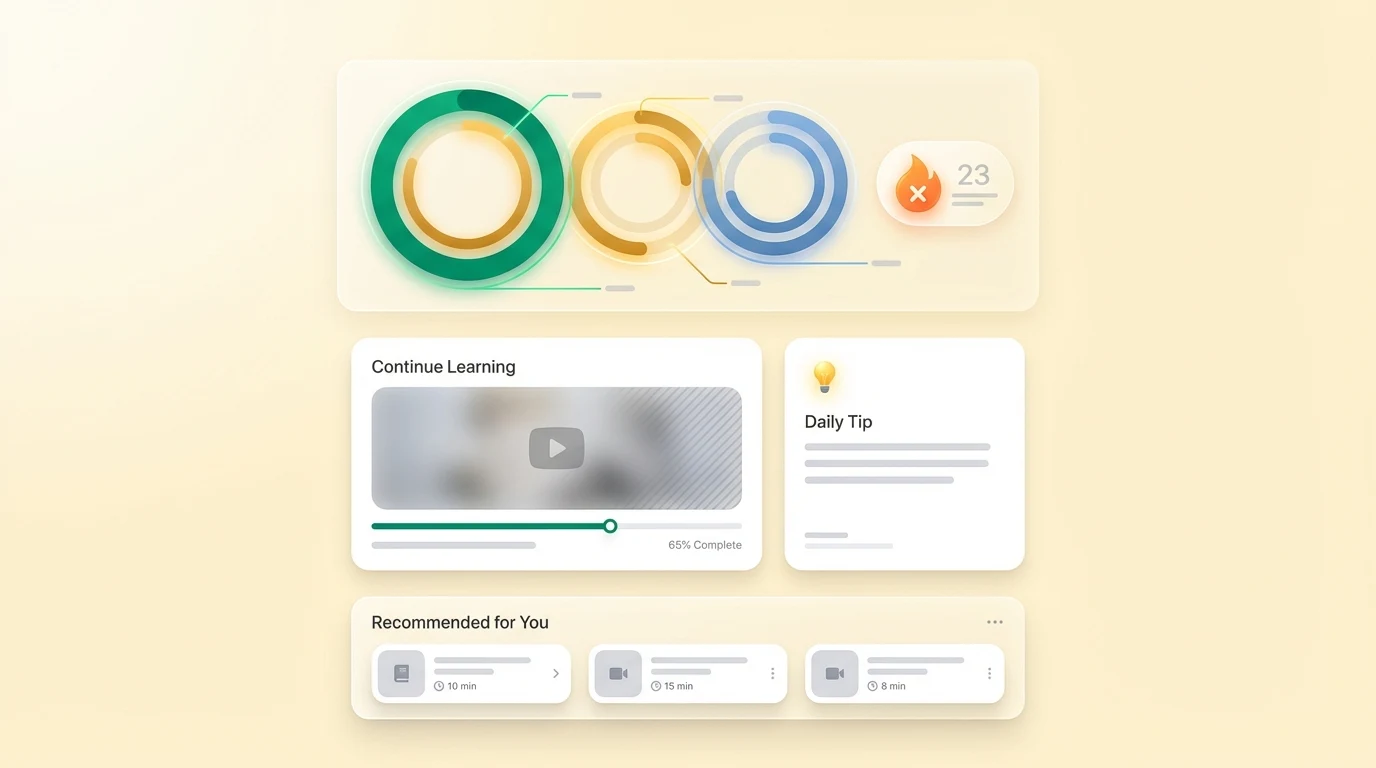 Dashboard with activity rings, streaks, and recommendations