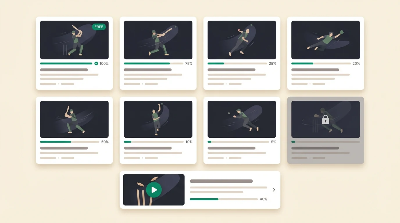 Lesson grid with chapter cards and progress indicators