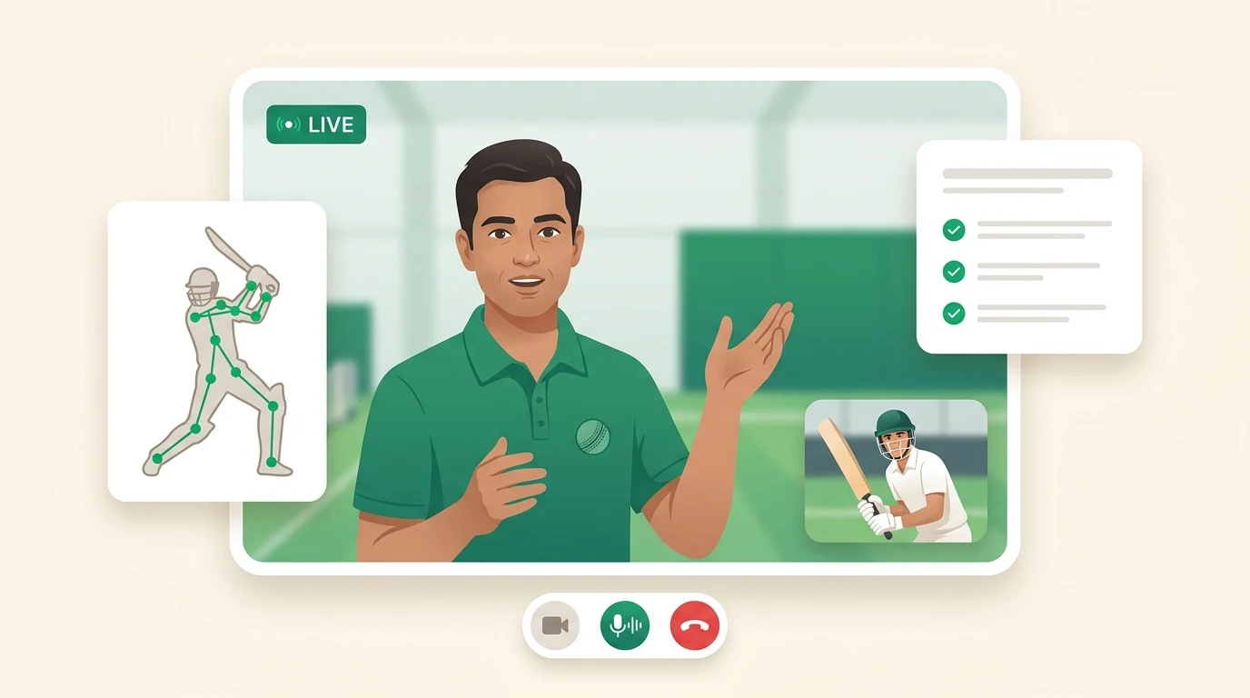 A player in a live one-to-one video coaching session with an AI avatar coach