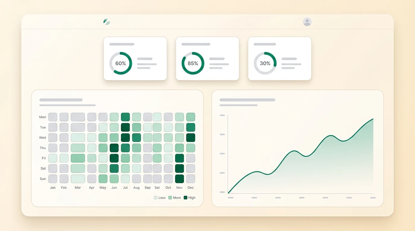 Progress dashboard with activity heatmap and technique trends