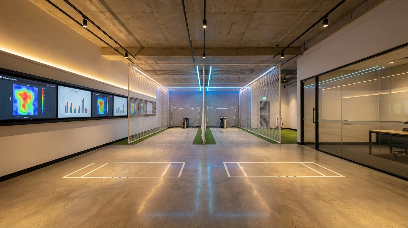 A high-tech cricket training academy with digital screens and AI analysis stations alongside traditional nets