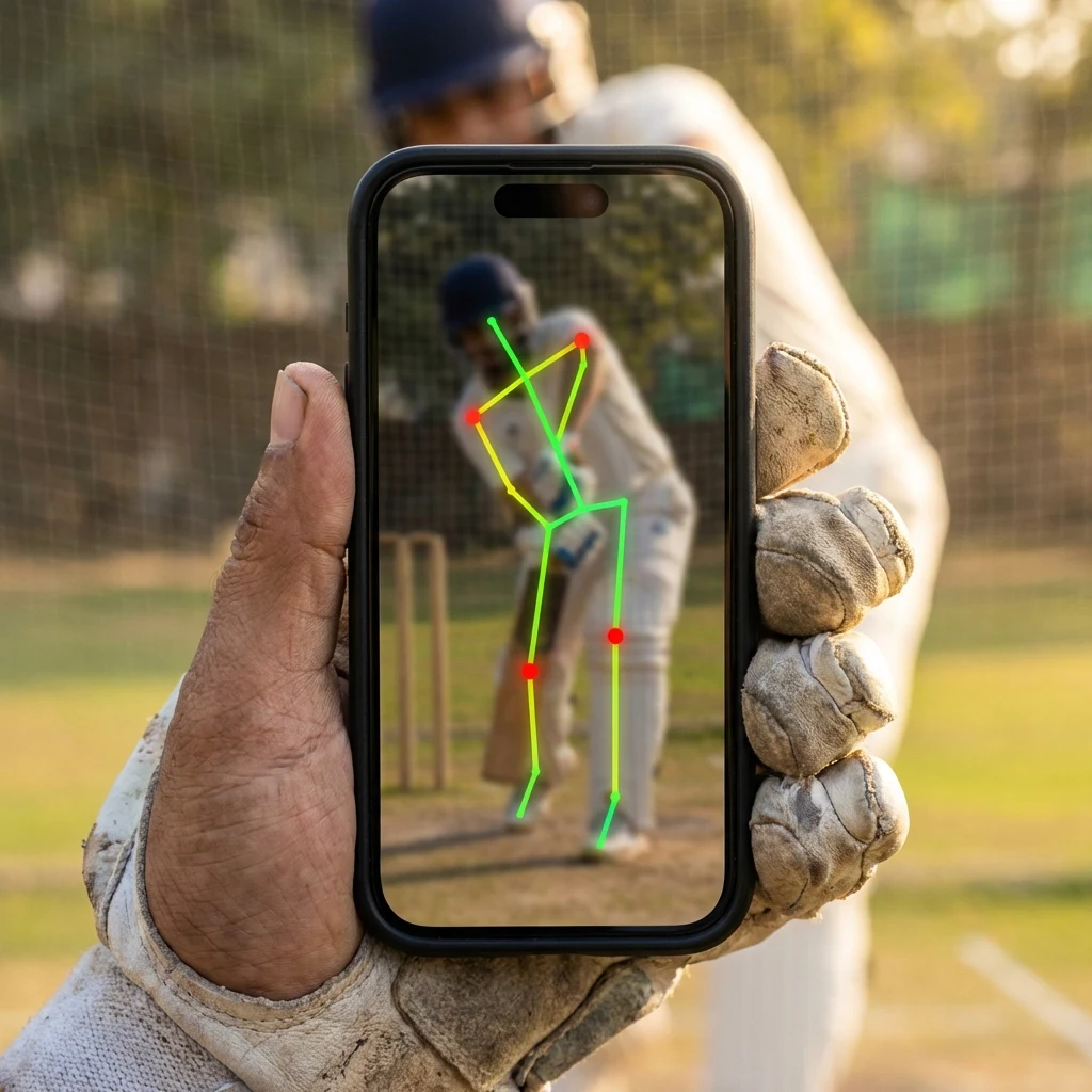 AI pose analysis overlay on a smartphone, showing skeletal landmarks tracked on a batter's body during a net session