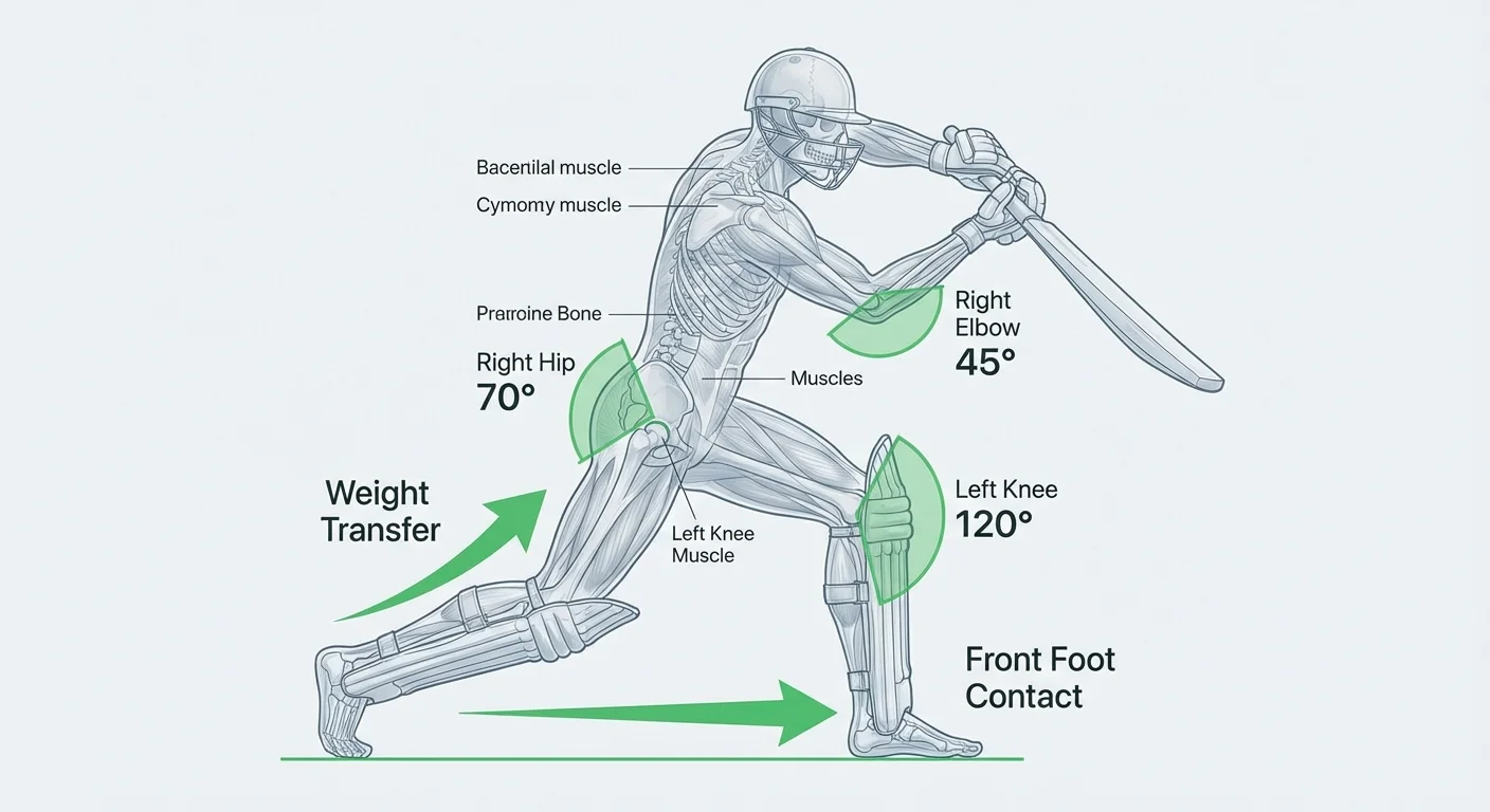 Biomechanical illustration of a cover drive showing joint angles, weight transfer path, and skeletal landmarks