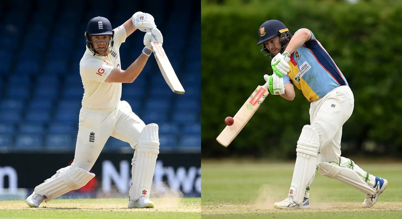 Side-by-side comparison of a professional and a club-level batter playing the cover drive, with AI overlay highlighting key differences