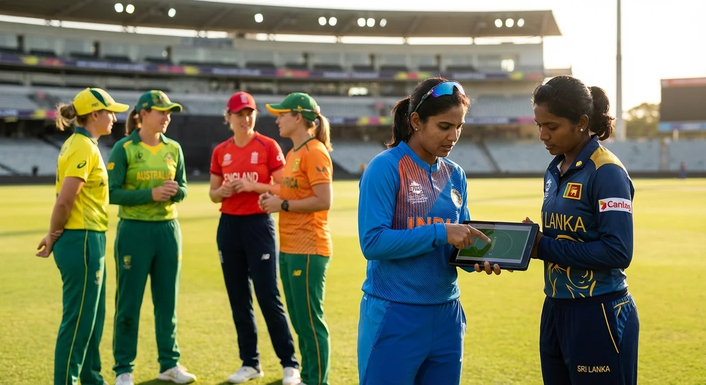 Diverse group of women cricketers from different countries training together, with multilingual coaching interfaces visible on screens