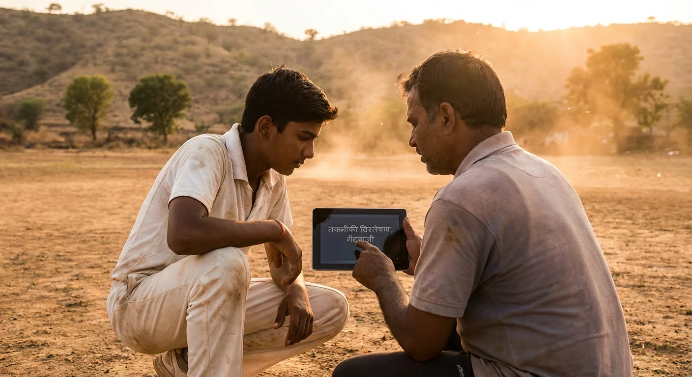 A young Indian fast bowler receiving coaching advice on a tablet in Hindi, with a coach looking on at an outdoor net session